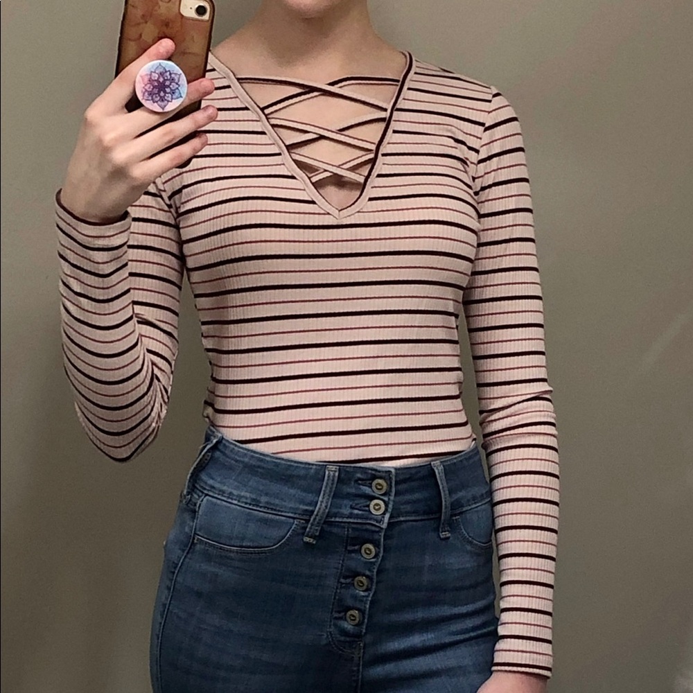 Mossimo Pink Striped Long-sleeve Tee